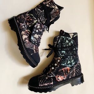 Chanel Laceup Combat Boots with Pearl Accent & Chain Details -Size IT39.5/ US9.5